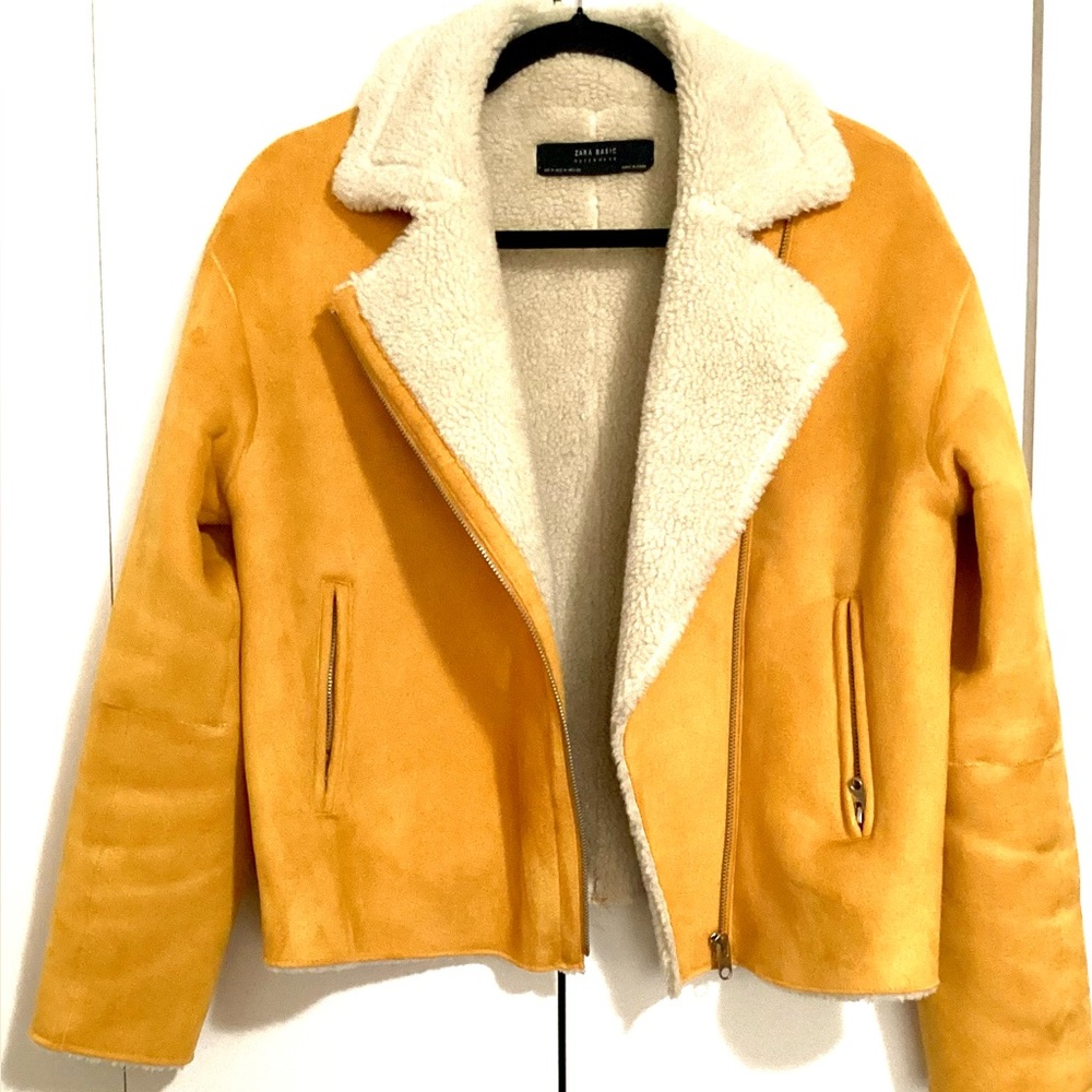 Zara marigold yellow Sherpa lined moto jacket